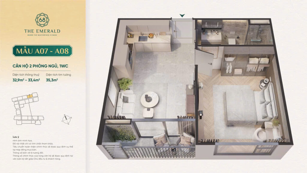 Thiết kế căn 35m2 1 phòng ngủ 1wc