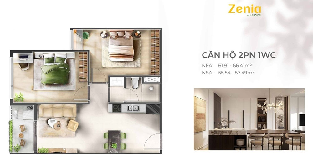 Mẫu thiết kế căn hộ 2 phòng ngủ 1 nhà vệ sinh - Dự án La Pura