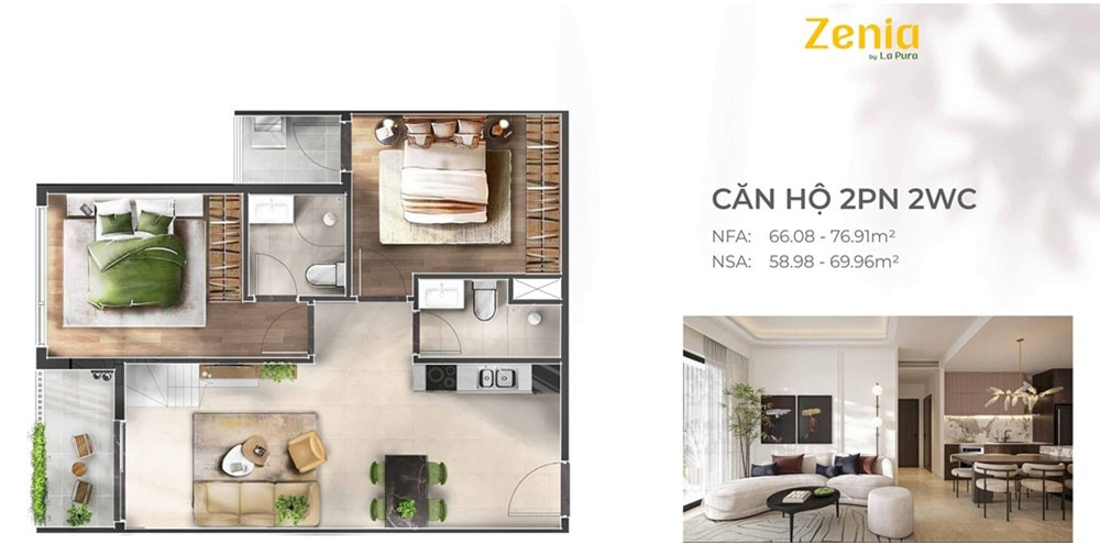 Mẫu thiết kế căn hộ 2 phòng ngủ 2 nhà vệ sinh - Dự án La Pura