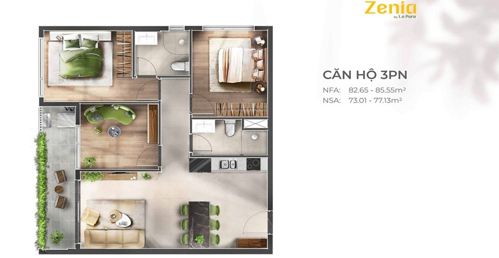 Mẫu thiết kế căn hộ 3 phòng ngủ 2 nhà vệ sinh - Dự án La Pura