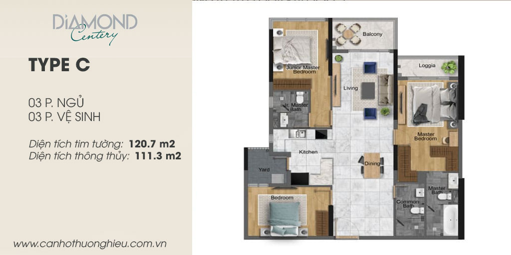 Mặt bằng thiết kế căn hộ Diamond Centery 3 phòng ngủ 120m2