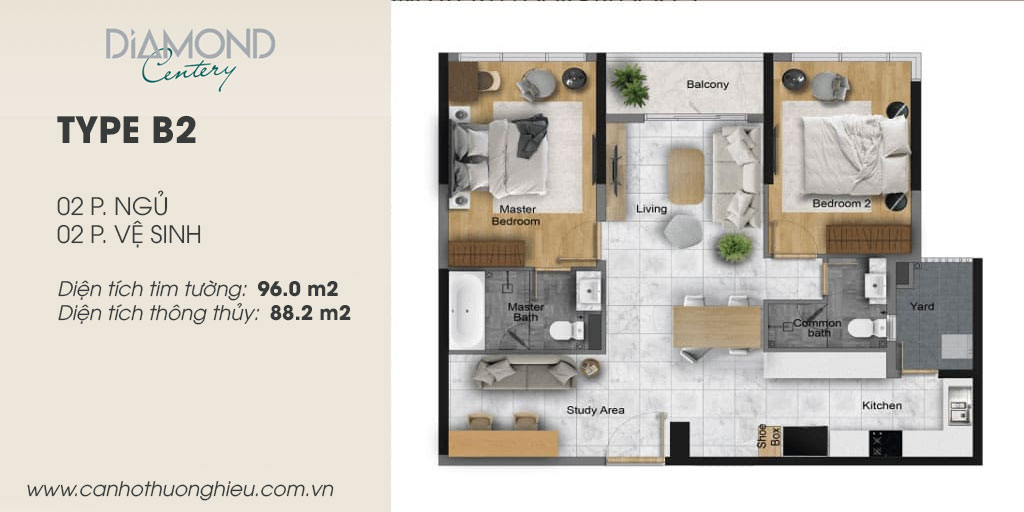 Mặt bằng thiết kế căn hộ Diamond Centery 2 phòng ngủ 96m2